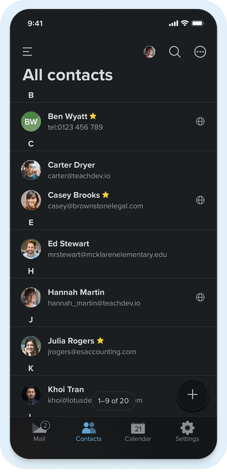 Screenshot of the Fastmail contacts app