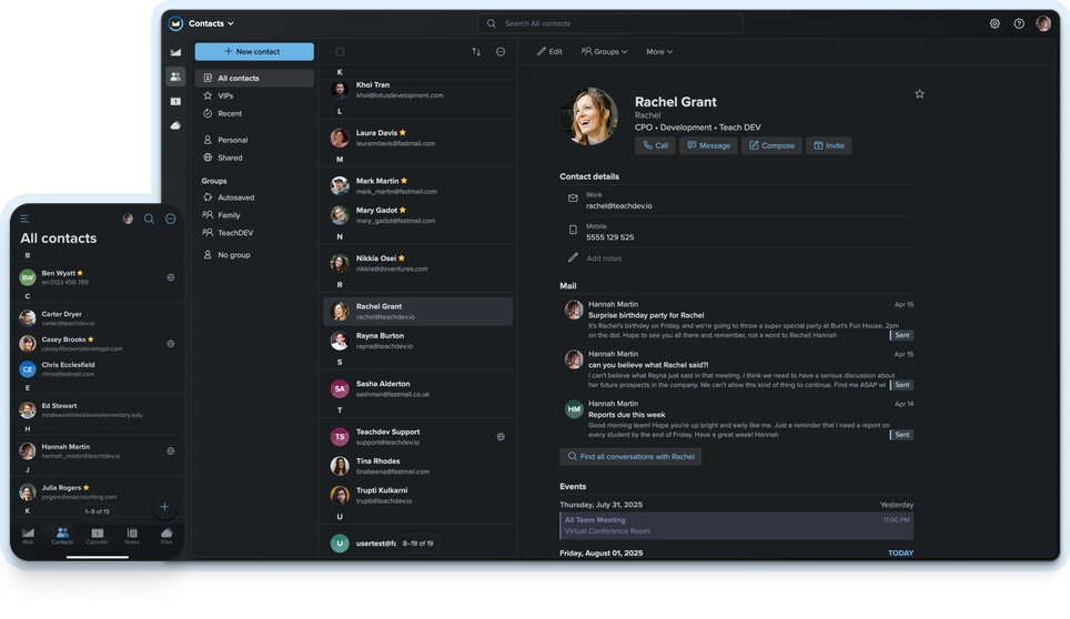 Screenshot of the Fastmail contacts app